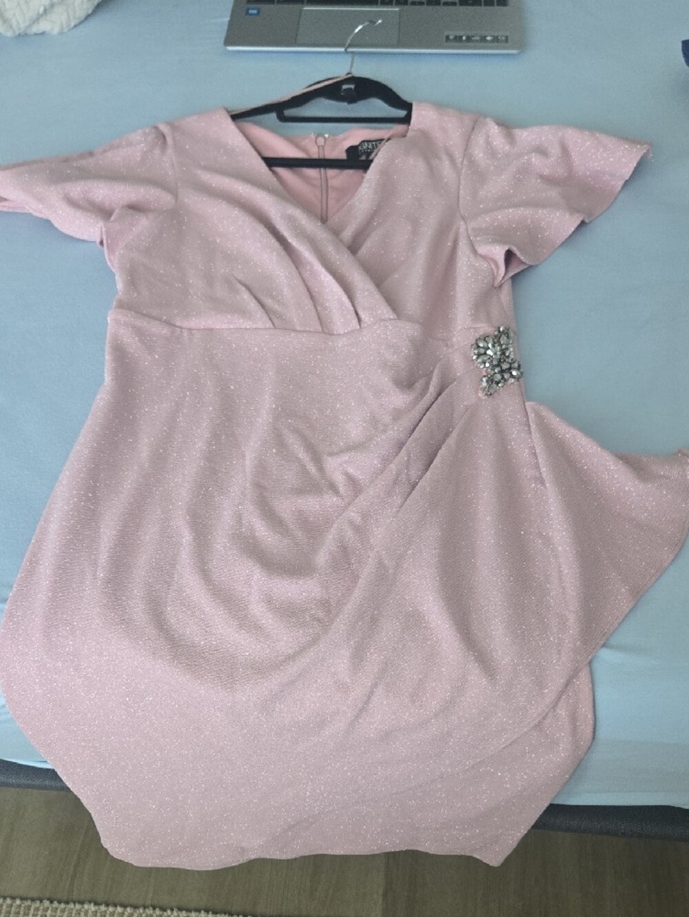 Dusty Pink Sparkle Wrap Dress with Embellished Waist